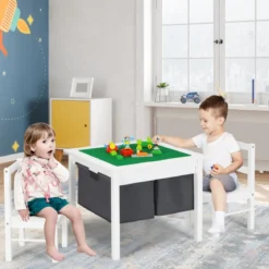 2-in-1-Kinder-Aktivtisch mit Stauraum und 2 Stühlen multifunktionales Basteltisch-Set für Kinder Weiß