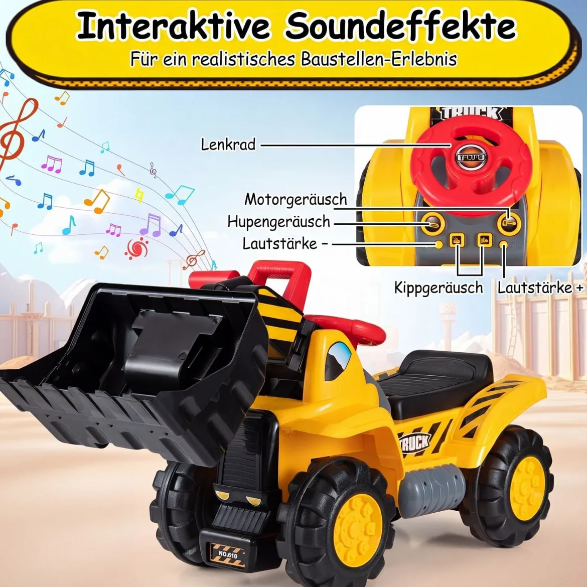 3 in 1 Kinder Bagger & Planierraupe Kinder Aufsitzauto Rutschauto mit Abnehmbarer Schaufel
