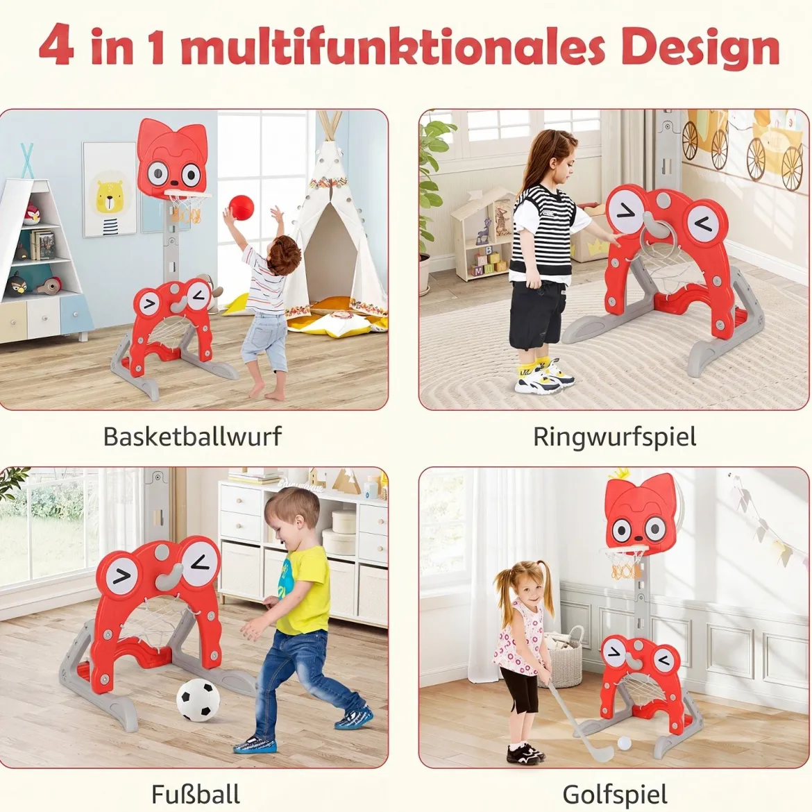 4 in 1 Kinder Basketballkorb Set Höhenverstellbarer Basketballständer mit Fußballtor