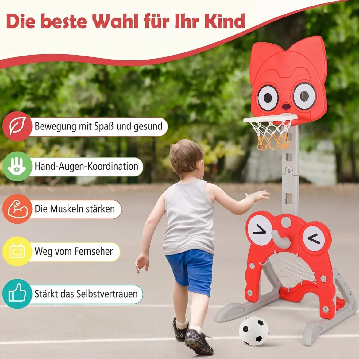 4 in 1 Kinder Basketballkorb Set Höhenverstellbarer Basketballständer mit Fußballtor