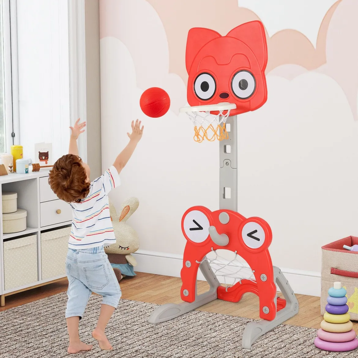 4 in 1 Kinder Basketballkorb Set Höhenverstellbarer Basketballständer mit Fußballtor