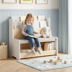 3 in 1 Kinder Bücherregal mit Sitzbank Kinderregal mit 2 Fächern & Gepolstertem Kissen Weiß