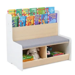 3 in 1 Kinder Bücherregal mit Sitzbank Kinderregal mit 2 Fächern & Gepolstertem Kissen Weiß