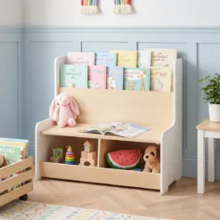 3 in 1 Kinder Bücherregal mit Sitzbank Kinderregal mit 2 Fächern & Gepolstertem Kissen Weiß