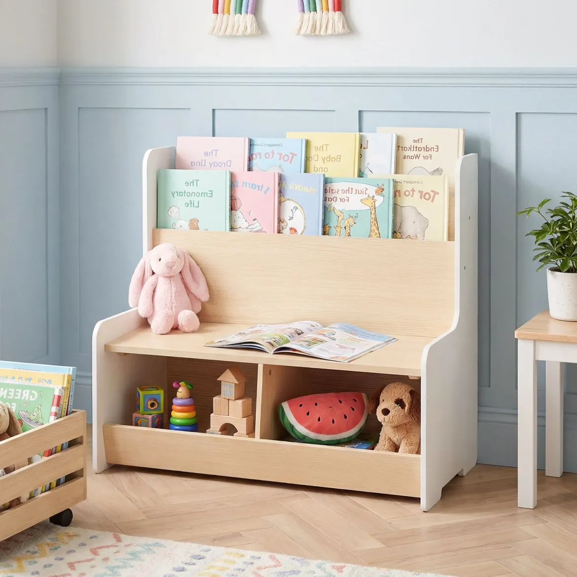 3 in 1 Kinder Bücherregal mit Sitzbank Kinderregal mit 2 Fächern & Gepolstertem Kissen Weiß