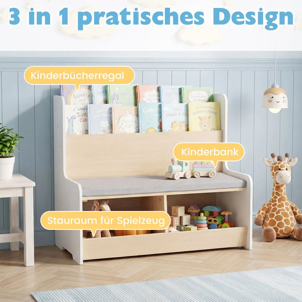 3 in 1 Kinder Bücherregal mit Sitzbank Kinderregal mit 2 Fächern & Gepolstertem Kissen Weiß
