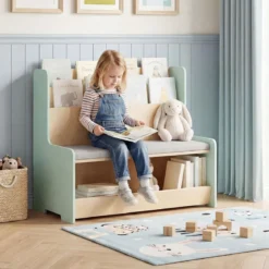 3 in 1 Kinder Bücherregal mit Sitzbank Kinderregal mit 2 Fächern & Gepolstertem Kissen Grün