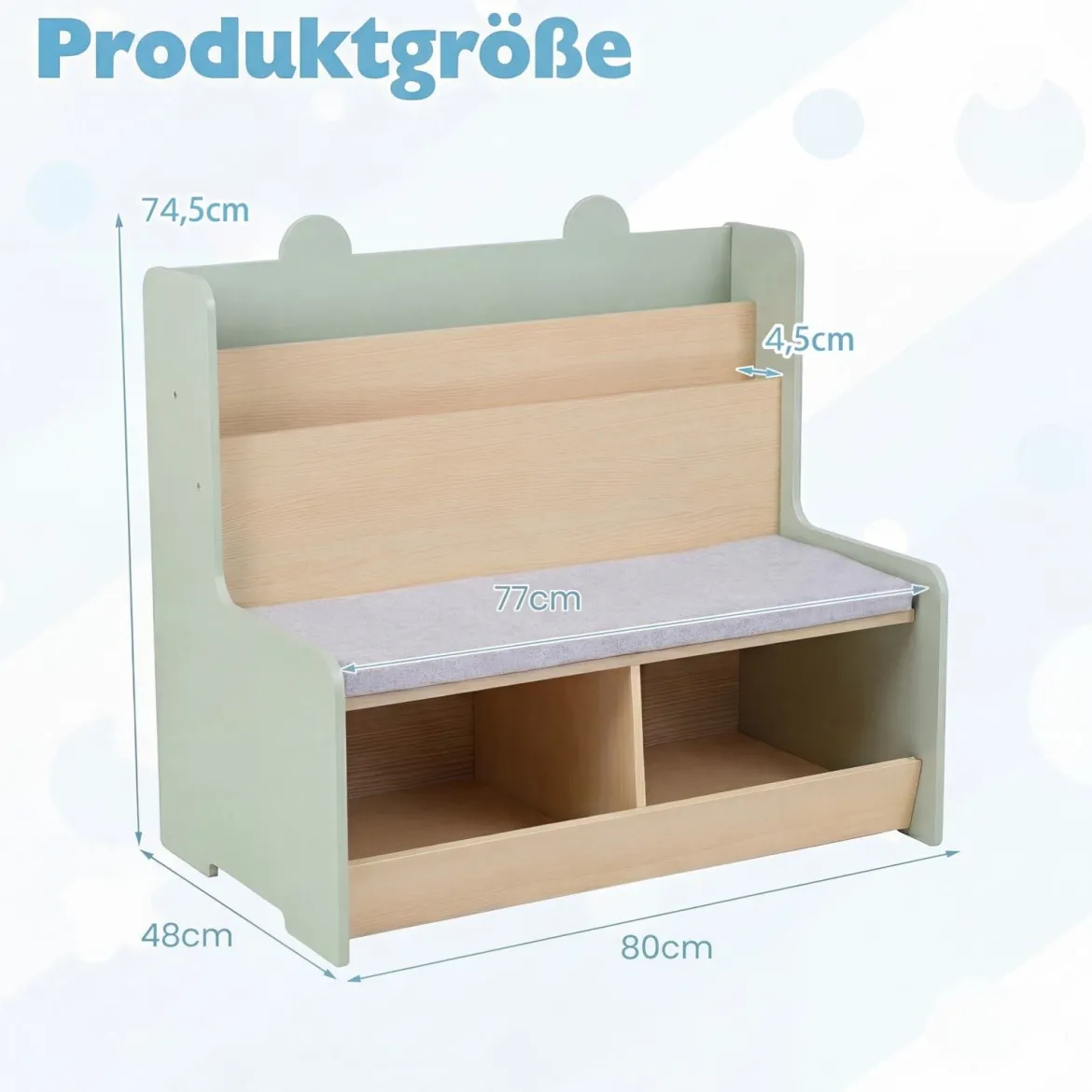 3 in 1 Kinder Bücherregal mit Sitzbank Kinderregal mit 2 Fächern & Gepolstertem Kissen Grün