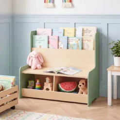 3 in 1 Kinder Bücherregal mit Sitzbank Kinderregal mit 2 Fächern & Gepolstertem Kissen Grün
