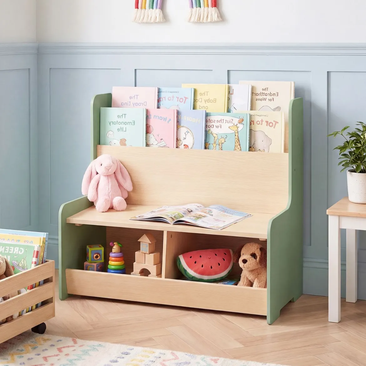 3 in 1 Kinder Bücherregal mit Sitzbank Kinderregal mit 2 Fächern & Gepolstertem Kissen Grün