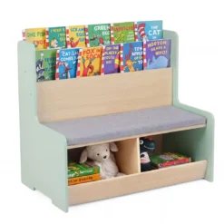 3 in 1 Kinder Bücherregal mit Sitzbank Kinderregal mit 2 Fächern & Gepolstertem Kissen Grün