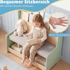 3 in 1 Kinder Bücherregal mit Sitzbank Kinderregal mit 2 Fächern & Gepolstertem Kissen Grün