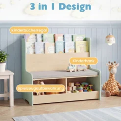 3 in 1 Kinder Bücherregal mit Sitzbank Kinderregal mit 2 Fächern & Gepolstertem Kissen Grün