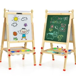 3 in 1 Kinder Doppelseitige Staffelei aus Holz mit Whiteboard & Kreidetafel & Zeichenpapier