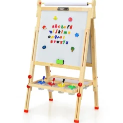 3 in 1 Kinder Doppelseitige Staffelei aus Holz mit Whiteboard & Kreidetafel & Zeichenpapier