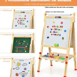 3 in 1 Kinder Doppelseitige Staffelei aus Holz mit Whiteboard & Kreidetafel & Zeichenpapier