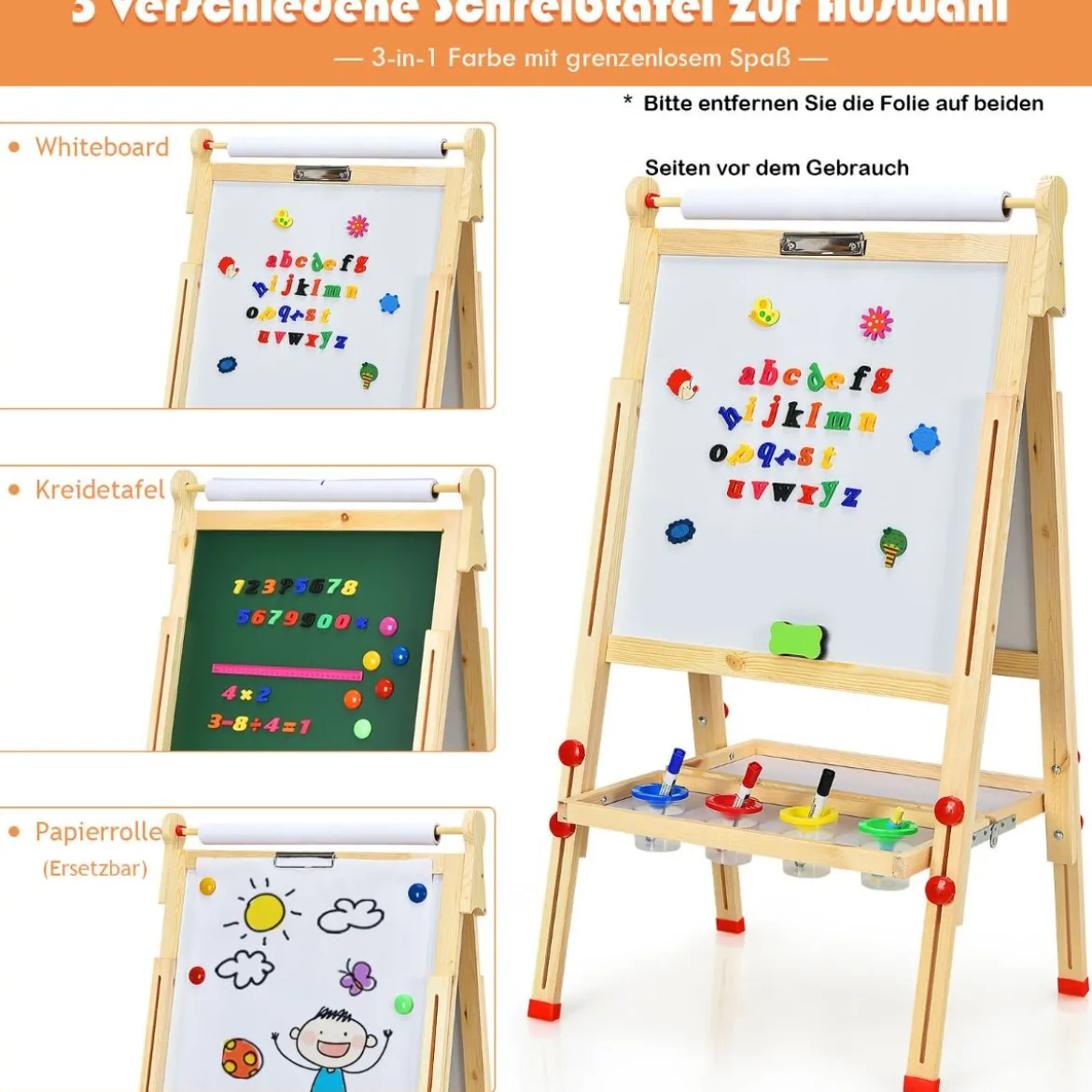 3 in 1 Kinder Doppelseitige Staffelei aus Holz mit Whiteboard & Kreidetafel & Zeichenpapier