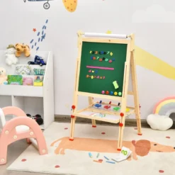3 in 1 Kinder Doppelseitige Staffelei aus Holz mit Whiteboard & Kreidetafel & Zeichenpapier