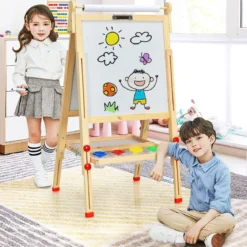 3 in 1 Kinder Doppelseitige Staffelei aus Holz mit Whiteboard & Kreidetafel & Zeichenpapier