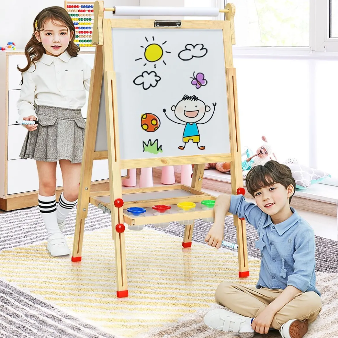 3 in 1 Kinder Doppelseitige Staffelei aus Holz mit Whiteboard & Kreidetafel & Zeichenpapier