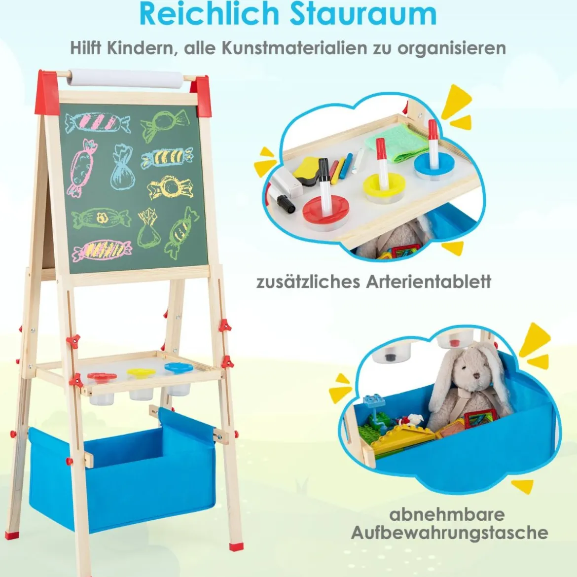3 in 1 Kinder Doppelseitige Staffelei mit Magnetischer Tafel & Whiteboard Höhenverstellbar