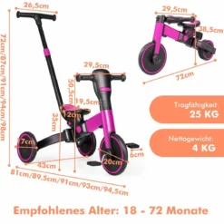 4-in-1 Kinder-Dreirad Lauflernwagen mit verstellbarem Schiebegriff & abnehmbaren Pedalen Rosa
