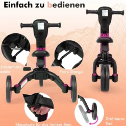 4-in-1 Kinder-Dreirad Lauflernwagen mit verstellbarem Schiebegriff & abnehmbaren Pedalen Rosa
