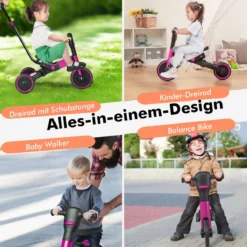 4-in-1 Kinder-Dreirad Lauflernwagen mit verstellbarem Schiebegriff & abnehmbaren Pedalen Rosa
