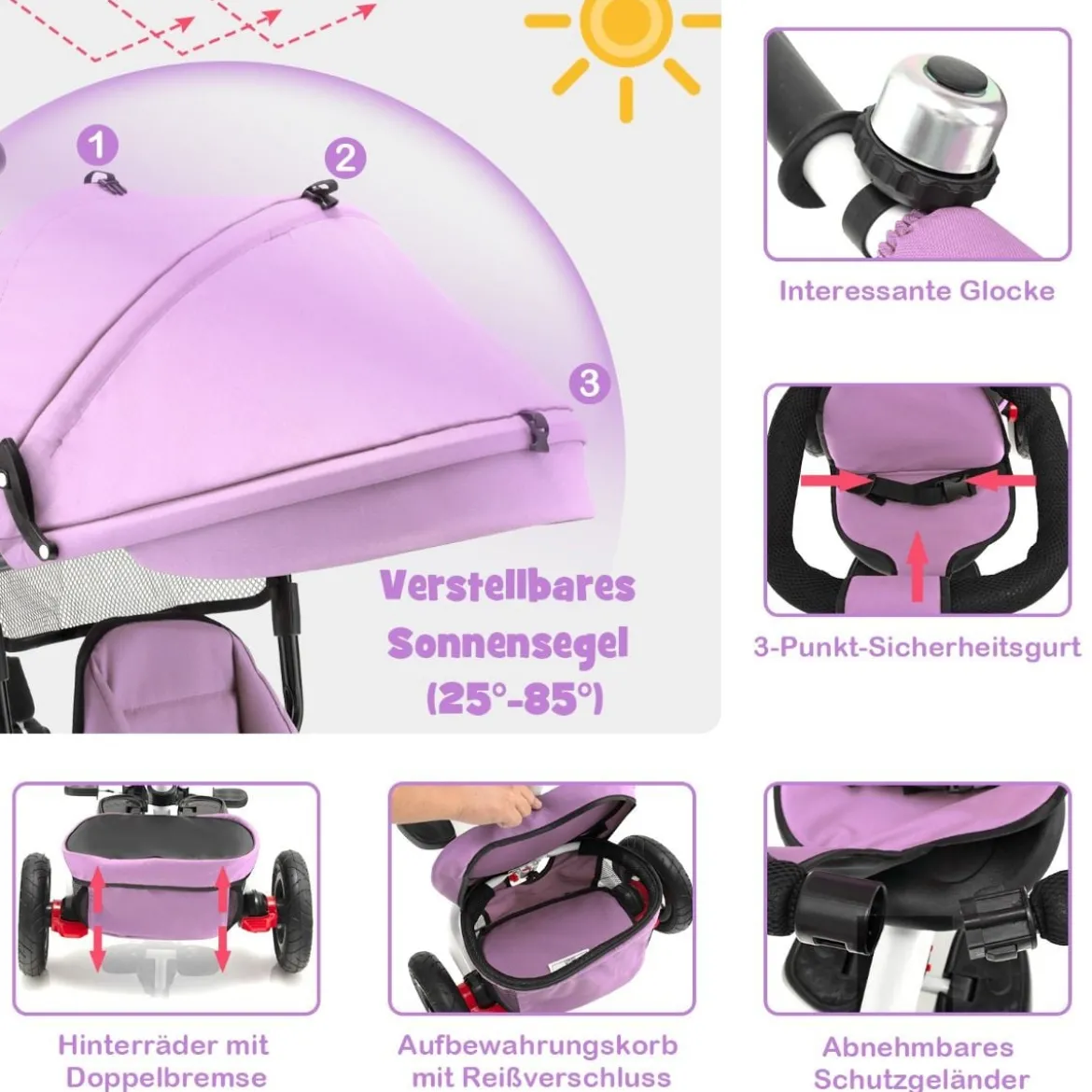 7 in 1 Kinder Dreirad mit Umkehrbarem Sitz & Verstellbarem Verdeck & Schiebegriff Laufrad Rosa