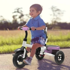 7 in 1 Kinder Dreirad mit Umkehrbarem Sitz & Verstellbarem Verdeck & Schiebegriff Laufrad Rosa
