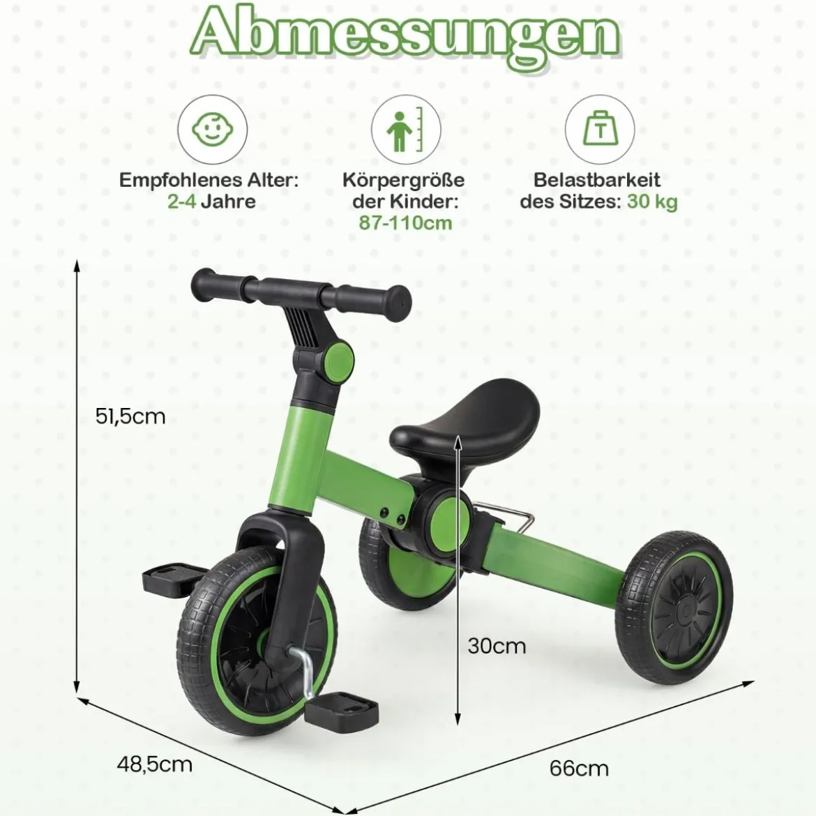 5-in-1 Kinderfahrrad Kinder Balancebike mit abnehmbaren Pedalen verstellbarem Lenker Grün