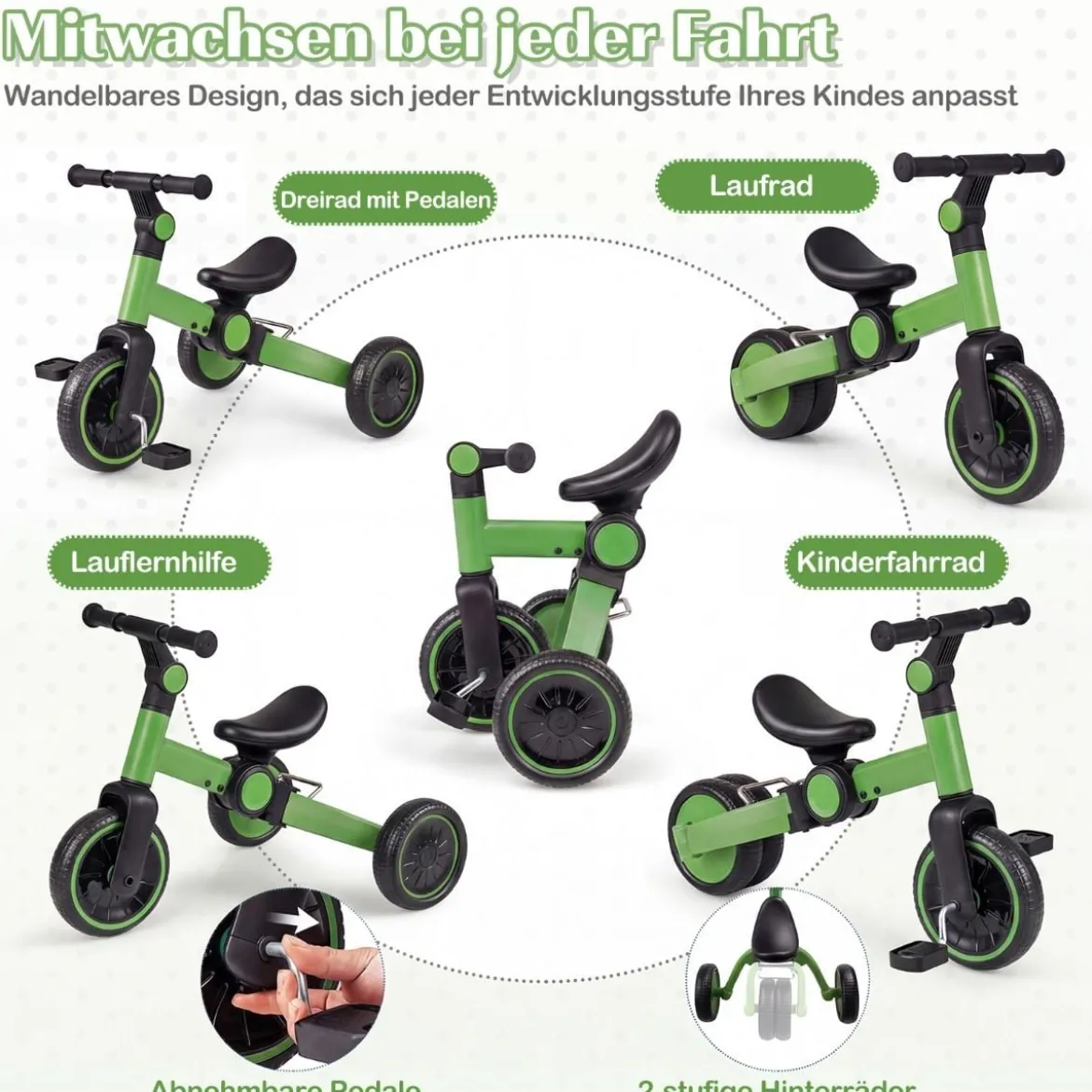 5-in-1 Kinderfahrrad Kinder Balancebike mit abnehmbaren Pedalen verstellbarem Lenker Grün