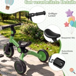 5-in-1 Kinderfahrrad Kinder Balancebike mit abnehmbaren Pedalen verstellbarem Lenker Grün
