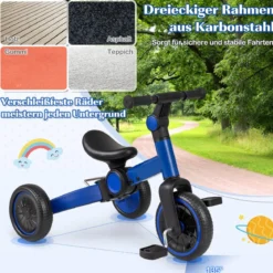 5-in-1 Kinderfahrrad Kinder Balancebike mit abnehmbaren Pedalen verstellbarem Lenker Blau