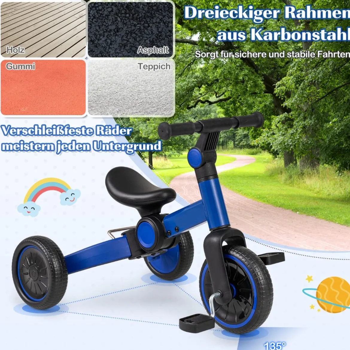 5-in-1 Kinderfahrrad Kinder Balancebike mit abnehmbaren Pedalen verstellbarem Lenker Blau
