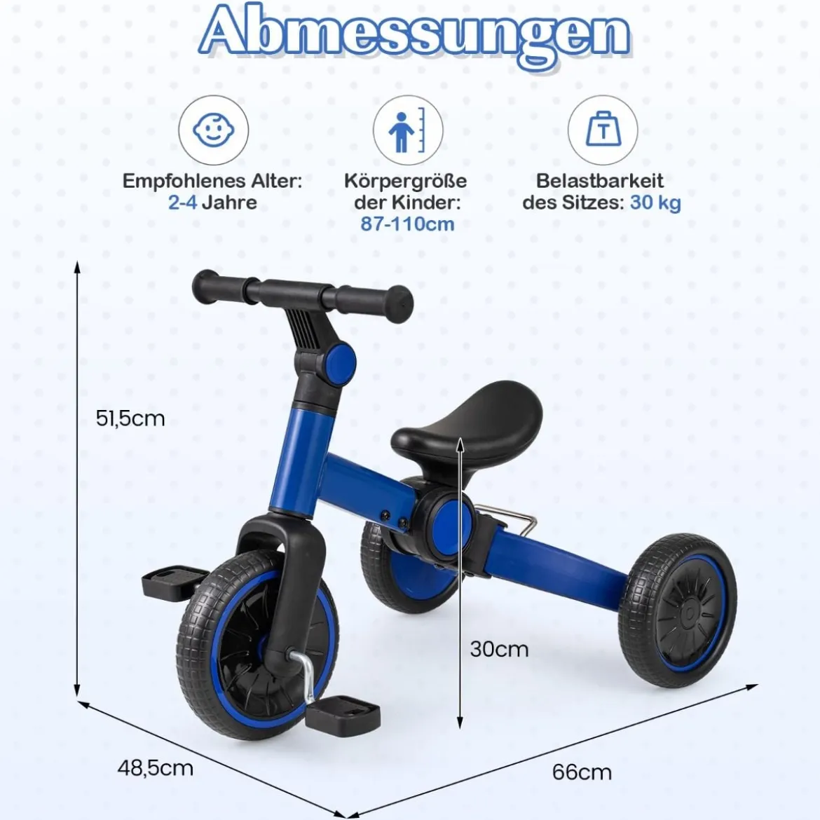 5-in-1 Kinderfahrrad Kinder Balancebike mit abnehmbaren Pedalen verstellbarem Lenker Blau