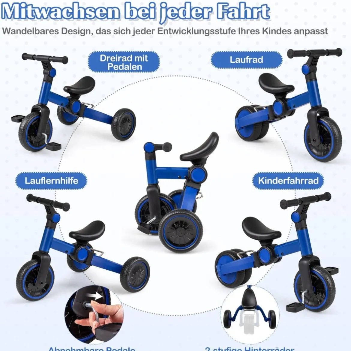 5-in-1 Kinderfahrrad Kinder Balancebike mit abnehmbaren Pedalen verstellbarem Lenker Blau