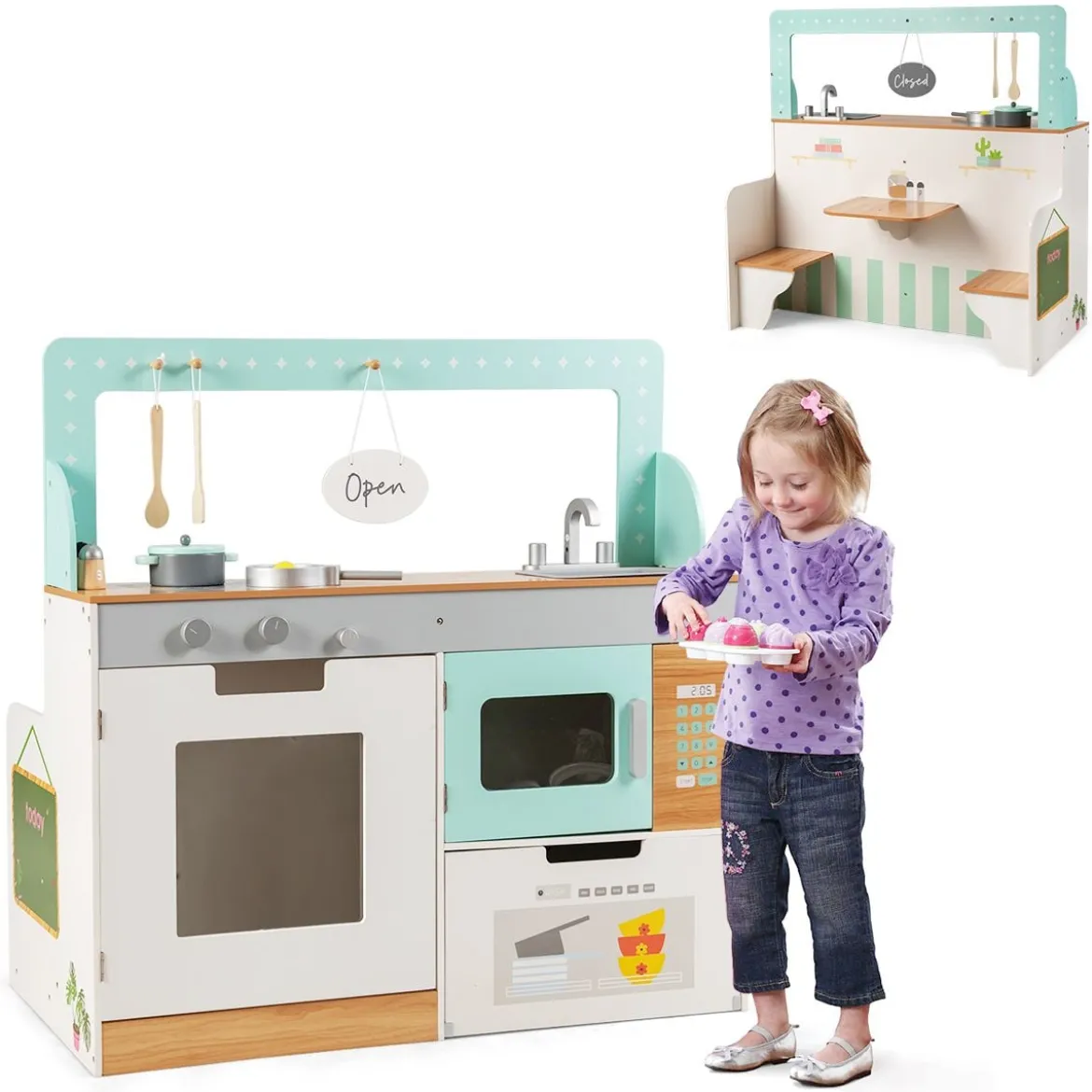 2 in 1 Kinderküche doppelseitiges Rollenspiel Set Spielküche Kinderspielküche Grün