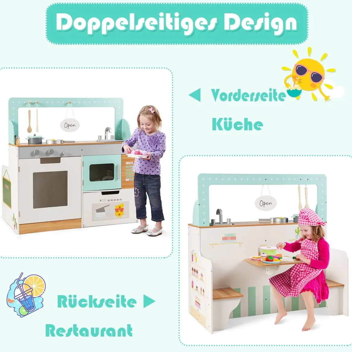 2 in 1 Kinderküche doppelseitiges Rollenspiel Set Spielküche Kinderspielküche Grün