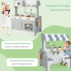 2 in 1 Kinderküche mit Restaurant zum Kochen & Servieren Spielküche mit Zubehör Grau