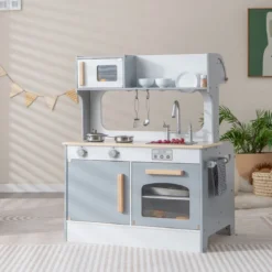 2 in 1 Kinderküche mit Restaurant zum Kochen & Servieren Spielküche mit Zubehör Grau