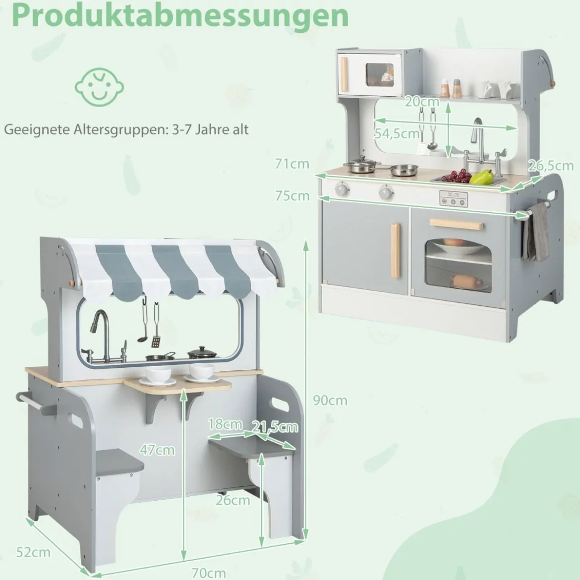 2 in 1 Kinderküche mit Restaurant zum Kochen & Servieren Spielküche mit Zubehör Grau