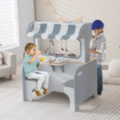 2 in 1 Kinderküche mit Restaurant zum Kochen & Servieren Spielküche mit Zubehör Grau