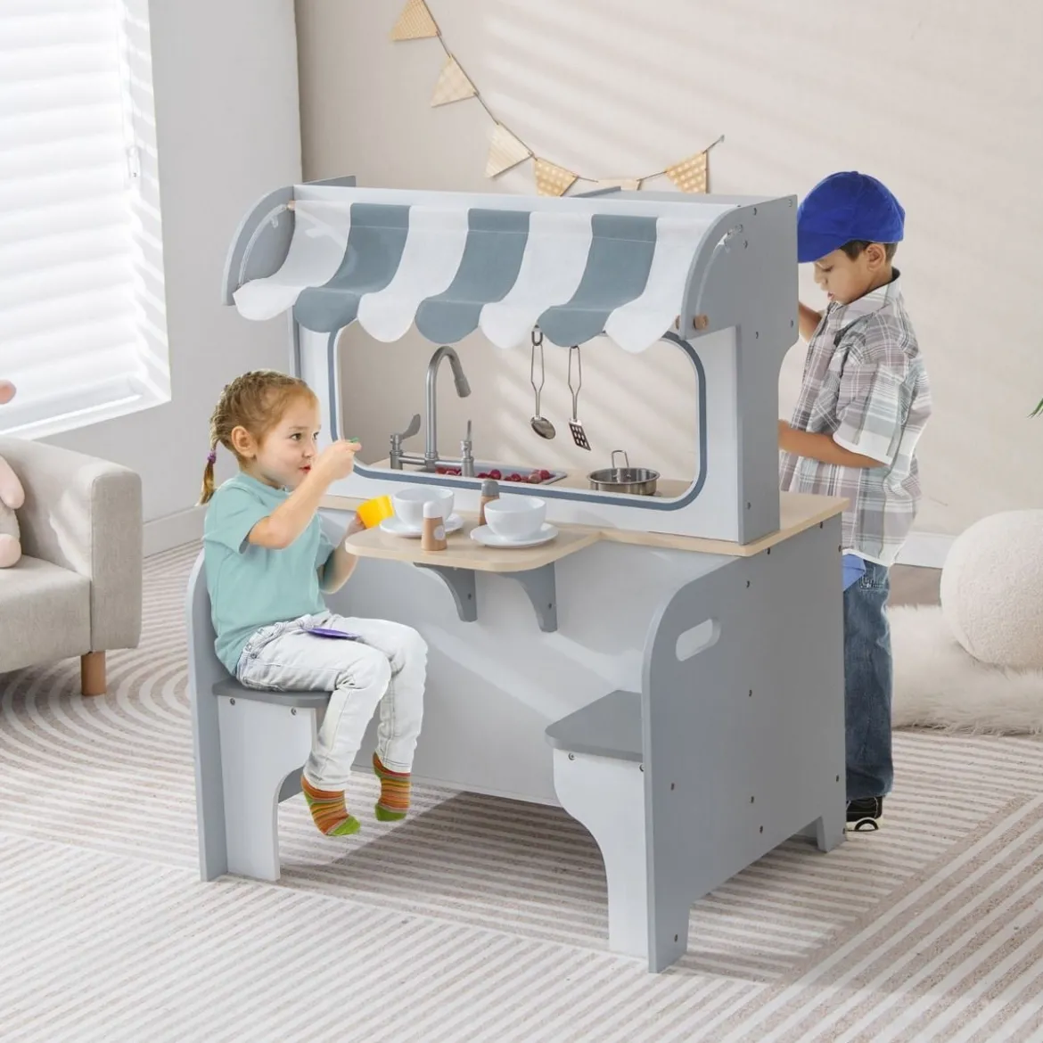 2 in 1 Kinderküche mit Restaurant zum Kochen & Servieren Spielküche mit Zubehör Grau