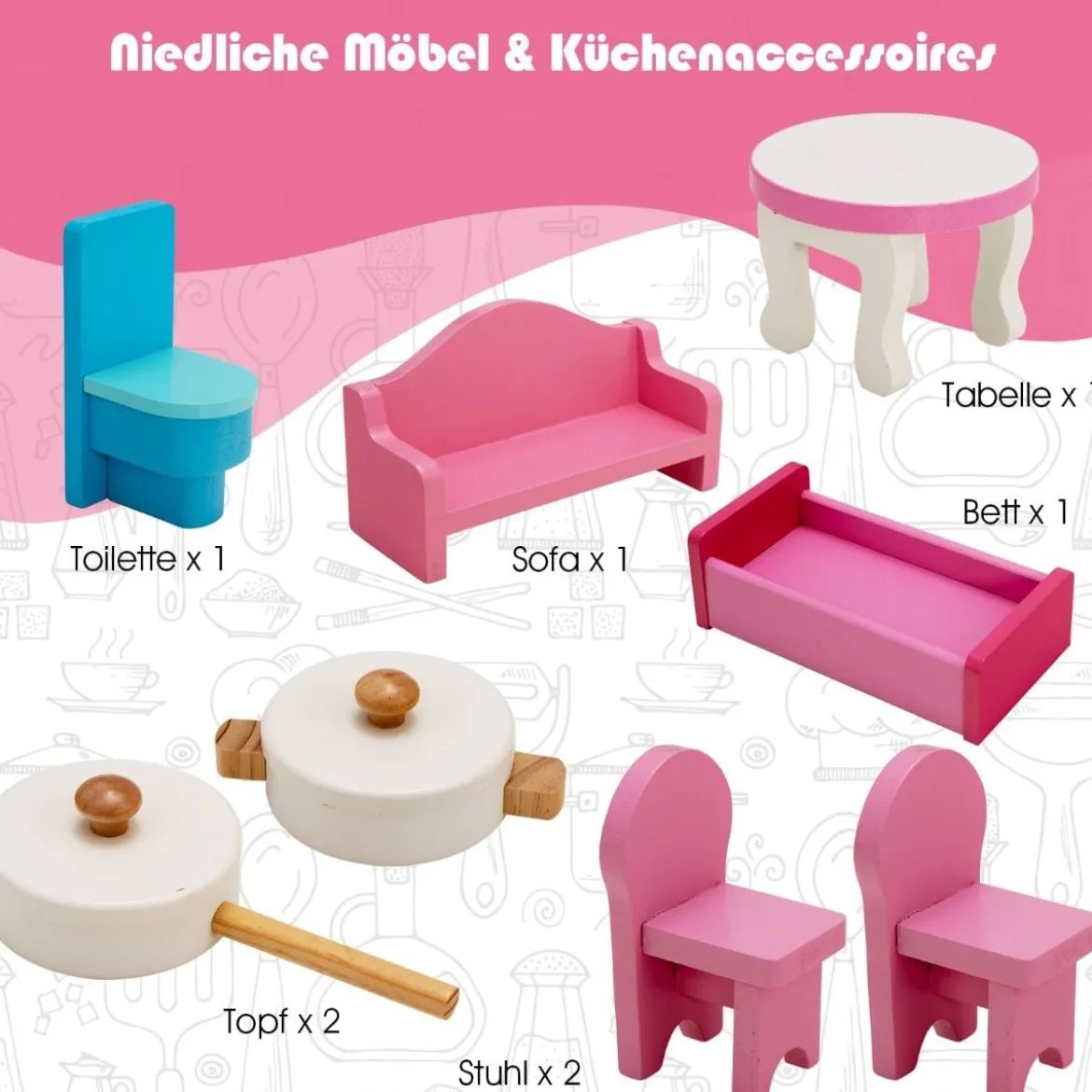 2-in-1-Kinderküchen-Spielset und Puppenhaus aus Holz mit realistischem Sound und Licht