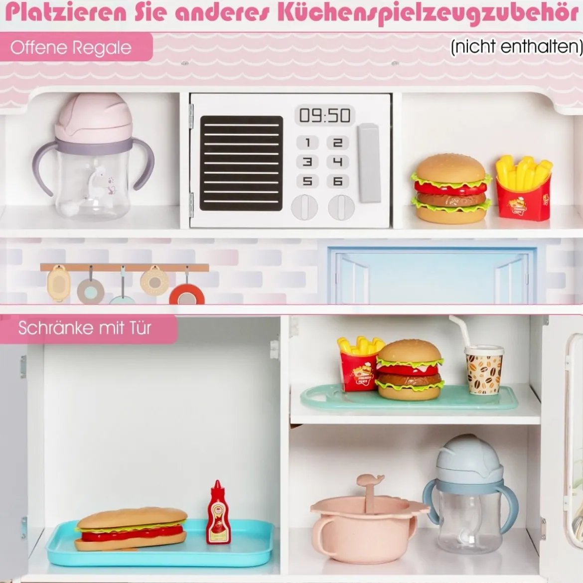 2-in-1-Kinderküchen-Spielset und Puppenhaus aus Holz mit realistischem Sound und Licht