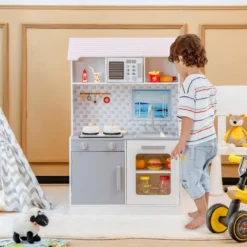 2-in-1-Kinderküchen-Spielset und Puppenhaus aus Holz mit realistischem Sound und Licht