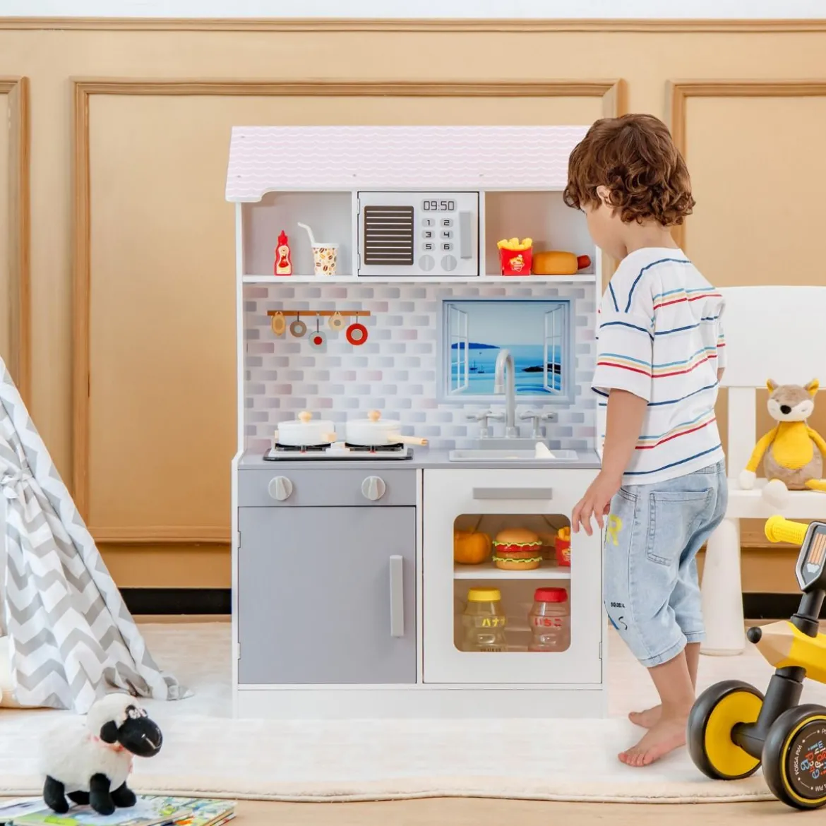 2-in-1-Kinderküchen-Spielset und Puppenhaus aus Holz mit realistischem Sound und Licht