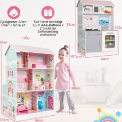 2-in-1-Kinderküchen-Spielset und Puppenhaus aus Holz mit realistischem Sound und Licht