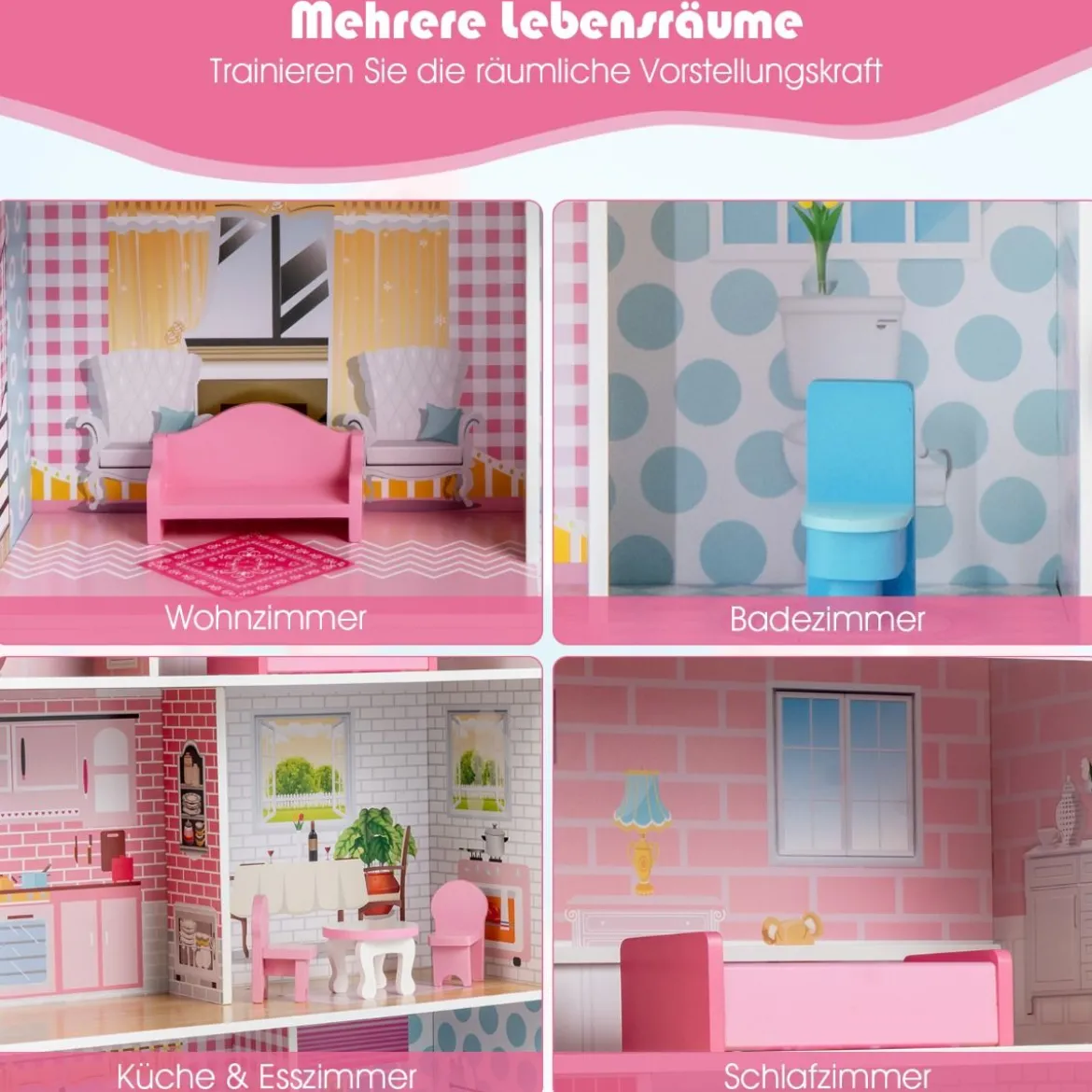 2-in-1-Kinderküchen-Spielset und Puppenhaus aus Holz mit realistischem Sound und Licht